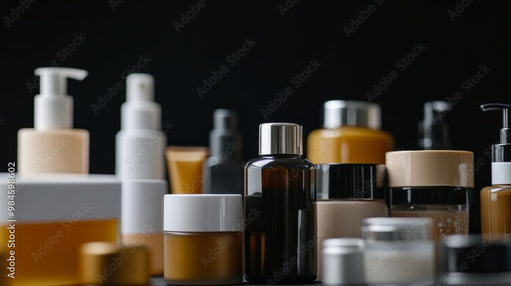 Cosmetics, moisturizer, and bottle. Various cosmetic bottles isolated on white with a collection of cosmetic items on a black background. Cosmetic package collection for soups, creams, shampoos, and f Cosmetics, moisturizer, and bottle. Various cosmetic bottles isolated on white with a collection of cosmetic items on a black background. Cosmetic package collection for soups, creams, shampoos, and f