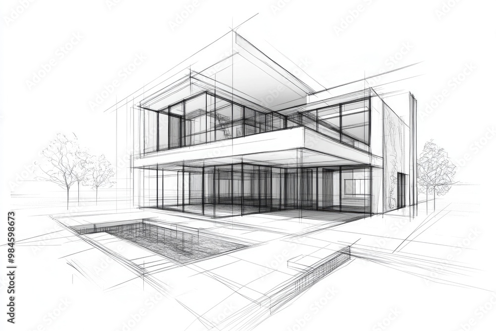 Line art illustration showcasing an architectural sketch of a house building in 3D Line art illustration showcasing an architectural sketch of a house building in 3D