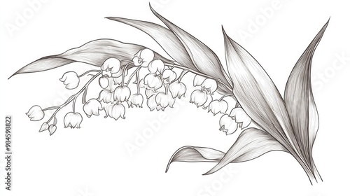 Lily of the Valley line art illustration featuring outline drawings on a white background Hand painted designs of this delicate flower