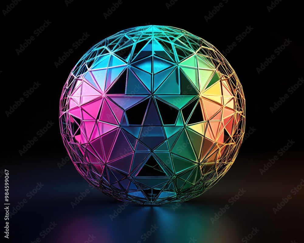 Line art illustration of a dimensional wireframe low poly object featuring a spherical colorful faceted shape with a black grid representing a 3D mesh element for engineering design Line art illustration of a dimensional wireframe low poly object featuring a spherical colorful faceted shape with a black grid representing a 3D mesh element for engineering design