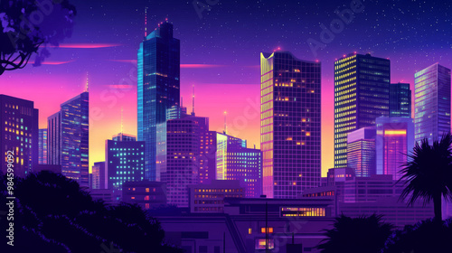 Night modern city with skyscrapers. Pop art retro vector illustration vitch vintage photo