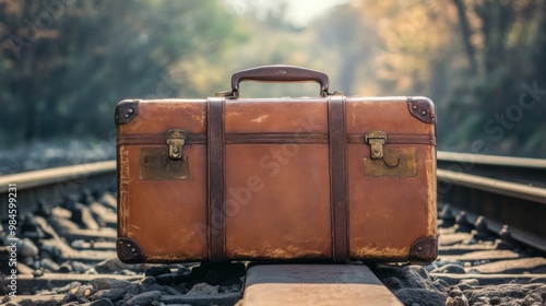 Vintage brown suitcase on railway platform photo