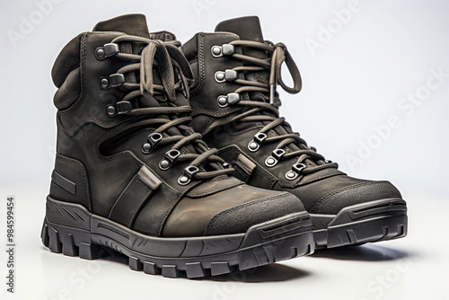 Rugged black hiking boots with thick soles and brown laces photo