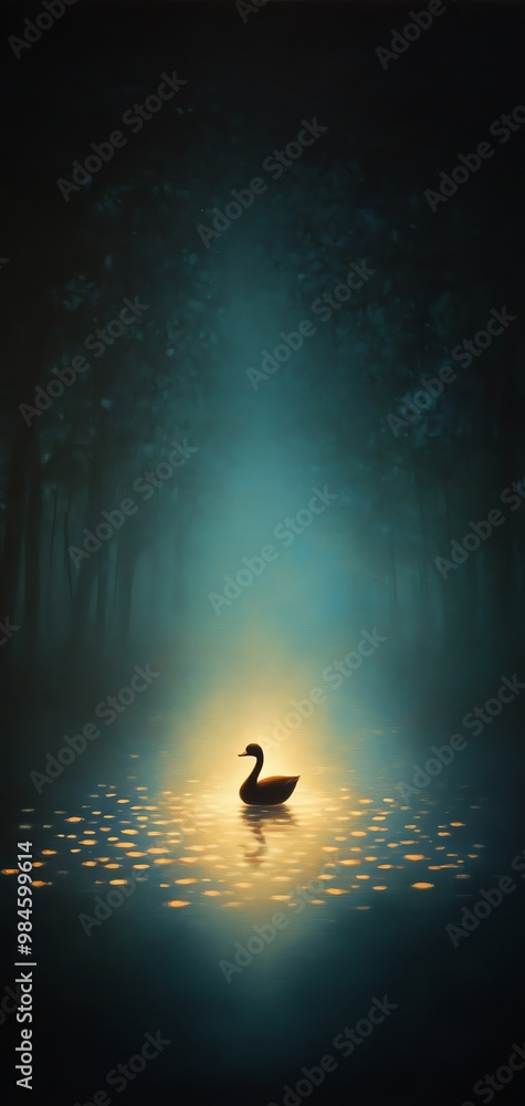 Duck illuminated on calm water at night Duck illuminated on calm water at night