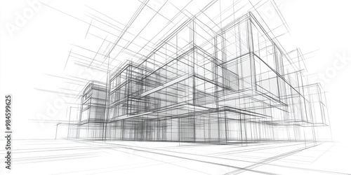 Line art depiction of architectural building construction in a three dimensional design