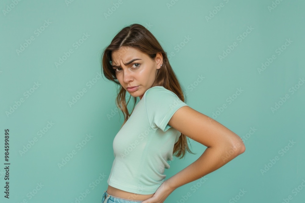 A woman poses confidently with her hands on her hips, looking straight ahead A woman poses confidently with her hands on her hips, looking straight ahead