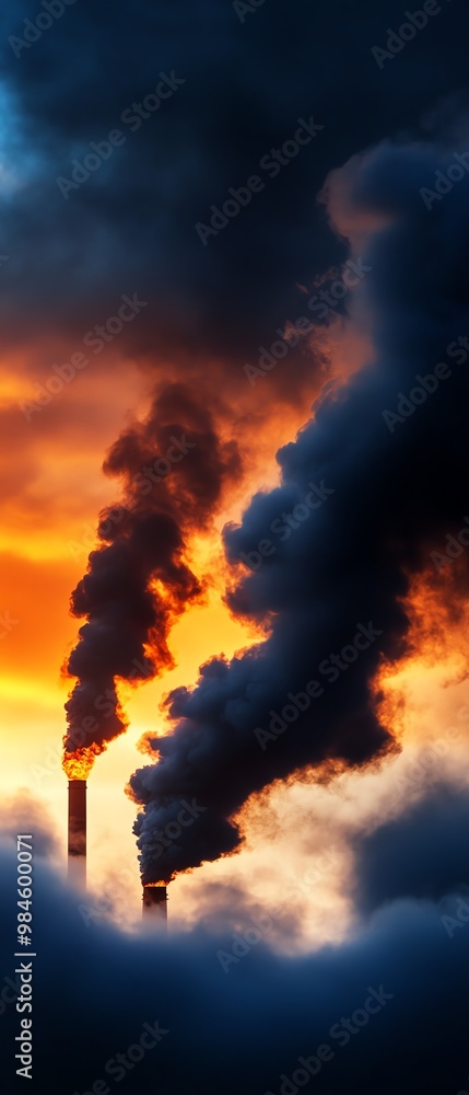 Obraz premium Industrial smokestacks against a vibrant sky