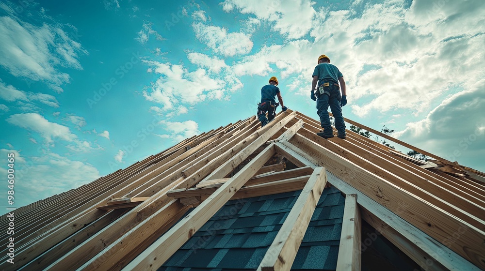 Two Construction Workers on a Roof Framing of a New Home Two Construction Workers on a Roof Framing of a New Home