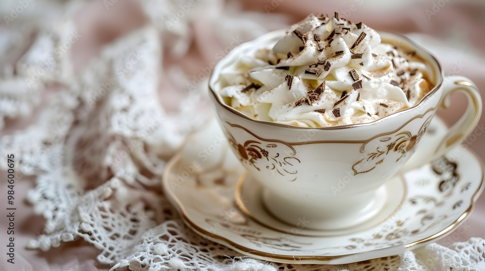 Elegant Viennese Coffee Topped with Whipped Cream and Chocolate Shavings on Vintage Lace Tablecloth Elegant Viennese Coffee Topped with Whipped Cream and Chocolate Shavings on Vintage Lace Tablecloth