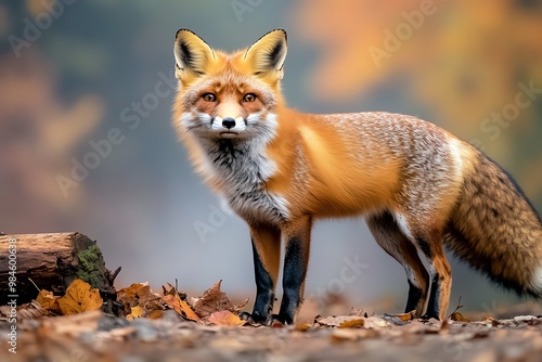 A fox standing in a clearing, its orange fur blending with the autumn colors of the forest, surrounded by fog