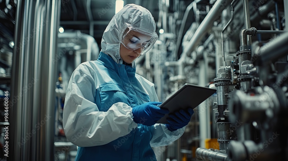 A Worker in Protective Gear Uses a Tablet to Monitor Industrial Equipment A Worker in Protective Gear Uses a Tablet to Monitor Industrial Equipment