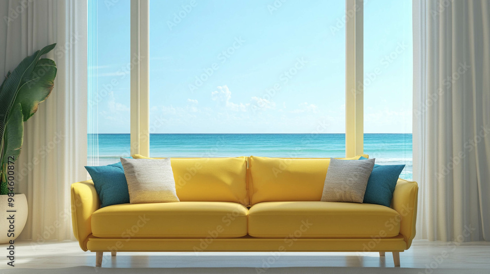 A light yellow modern and comfortable sofa in front of a bright window with light blue ocean view A light yellow modern and comfortable sofa in front of a bright window with light blue ocean view