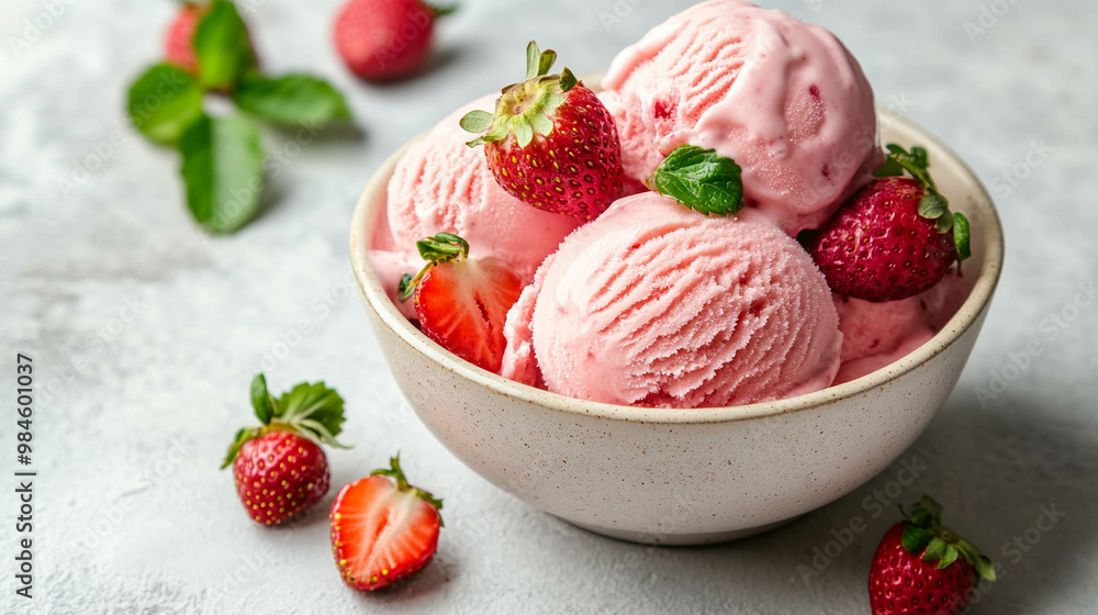 Strawberry ice cream in a light beige bowl Strawberry ice cream in a light beige bowl