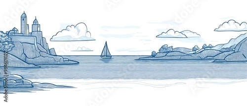 Line art illustration featuring a skyline view of a coastal bay photo