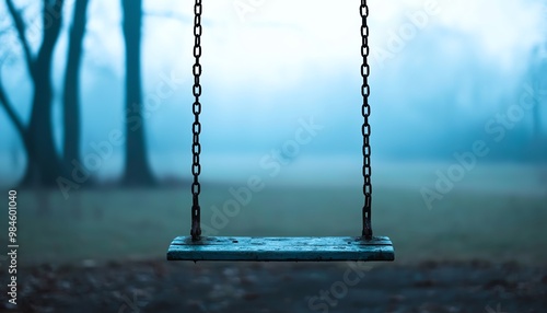 A lonely swing hanging in a foggy park, evoking a sense of nostalgia and tranquility amidst nature's soft mystique.