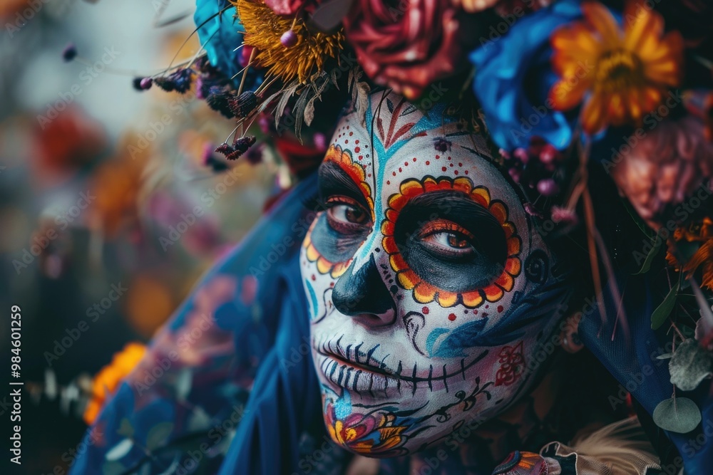 A woman wearing a vibrant sugar skull makeup design, adorned with flowers on her head A woman wearing a vibrant sugar skull makeup design, adorned with flowers on her head
