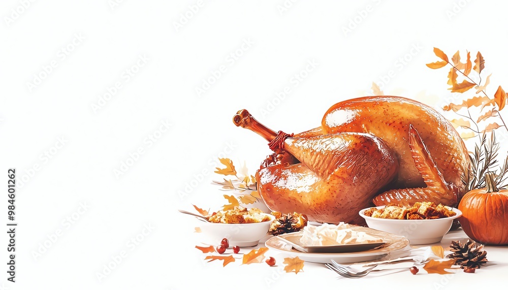 Thanksgiving feast featuring a golden roasted turkey with side dishes and autumn decorations for a festive holiday meal. Thanksgiving feast featuring a golden roasted turkey with side dishes and autumn decorations for a festive holiday meal.