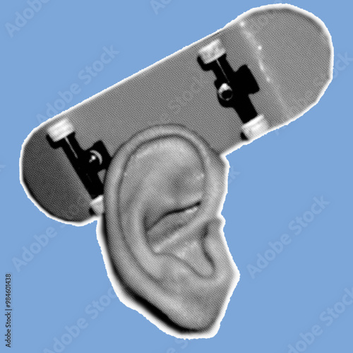close up of mini skateboard or fingerboard with ears pixelate grayscale color halftone dotted texture style collage element isolated on blue background