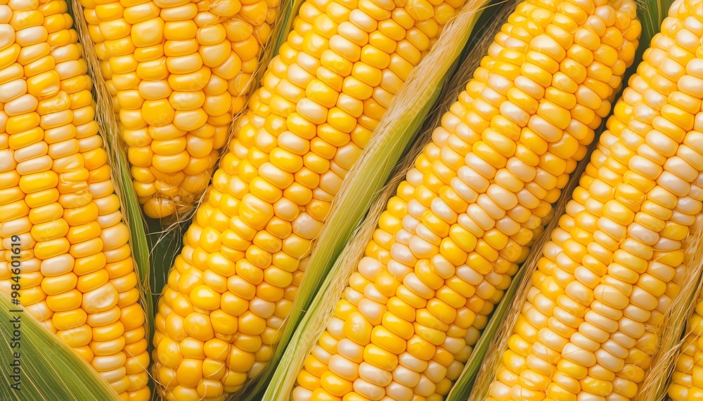 Fresh, vibrant corn cobs displayed together, showcasing their rich yellow kernels and green husks, perfect for seasonal recipes. Fresh, vibrant corn cobs displayed together, showcasing their rich yellow kernels and green husks, perfect for seasonal recipes.