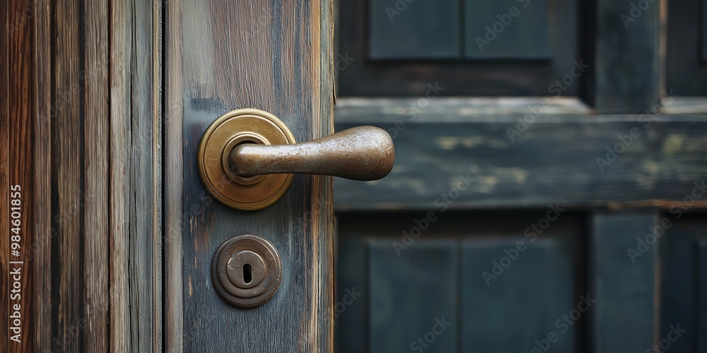A detailed view of a door handle and keyhole on a rustic wooden door, showcasing the worn texture and vintage feel. A detailed view of a door handle and keyhole on a rustic wooden door, showcasing the worn texture and vintage feel.