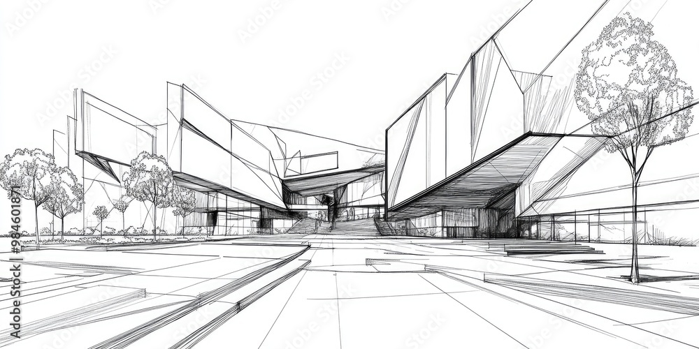 Line art illustration of contemporary architectural design in a three dimensional perspective Line art illustration of contemporary architectural design in a three dimensional perspective