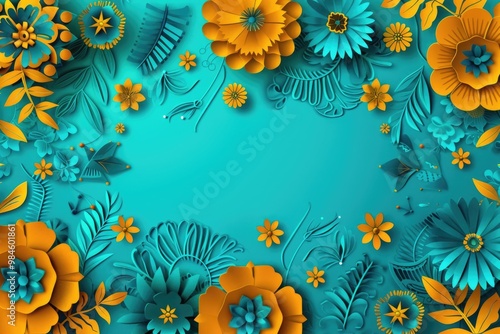 Bright yellow flowers and leaves on a calm blue background #984601861