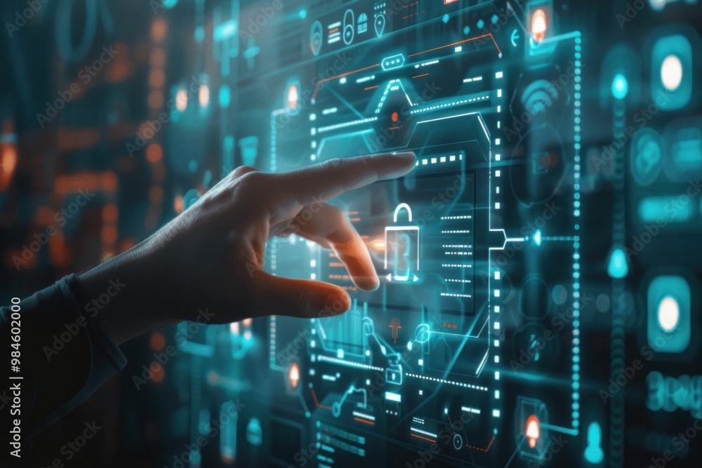 Futuristic digital interface with a hand reaching for a holographic lock symbol, representing cybersecurity innovation Futuristic digital interface with a hand reaching for a holographic lock symbol, representing cybersecurity innovation