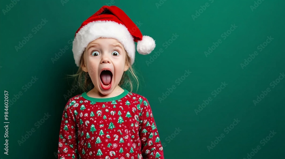 Excited child in Santa hat and festive sweater expresses pure joy and surprise against green background, capturing the magic of Christmas anticipation. Excited child in Santa hat and festive sweater expresses pure joy and surprise against green background, capturing the magic of Christmas anticipation.