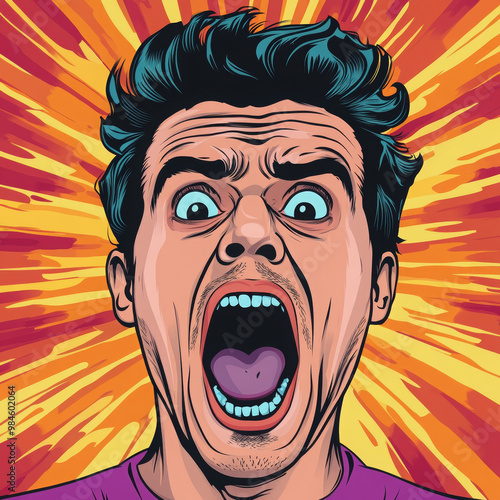 Pop art panic face man funny. Pop art retro vector illustration