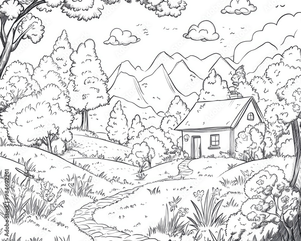 Line art illustration of a joyful morning inviting a simple and innocent life in harmony with Nature Line art illustration of a joyful morning inviting a simple and innocent life in harmony with Nature