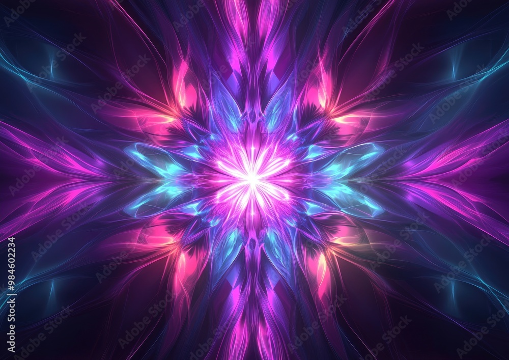 Abstract neon background featuring a fractal explosion star enhanced with glossy lines and intricate designs creating a visually stunning illustration Abstract neon background featuring a fractal explosion star enhanced with glossy lines and intricate designs creating a visually stunning illustration
