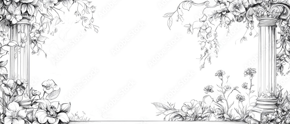 Line art illustration featuring vignettes and a floral border set against a white background Line art illustration featuring vignettes and a floral border set against a white background