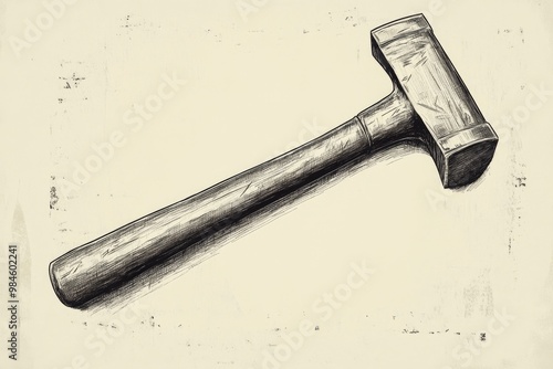 Line art illustration of a hammer a tool featuring a weighted head attached to a long handle depicted in a vintage drawing style photo