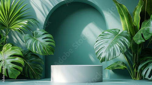 Minimalist Tropical Scene with Circular Podium and Greenery