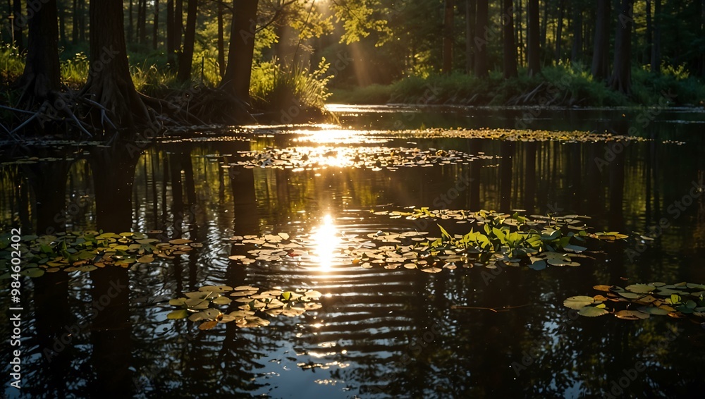 Sunlight through trees casting a warm glow on a forest pond with ripples. Sunlight through trees casting a warm glow on a forest pond with ripples.