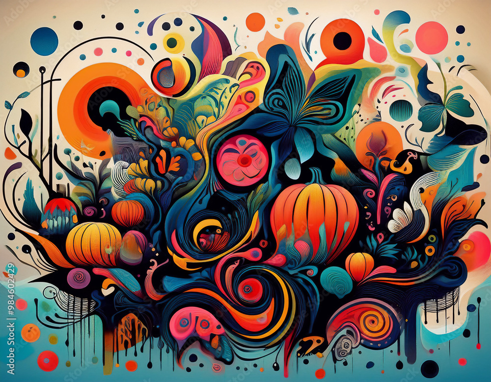 ハロウィーンをモチーフにした幾何学的な背景イメージ　自然とグラフィックの融合したレトロなデザイン