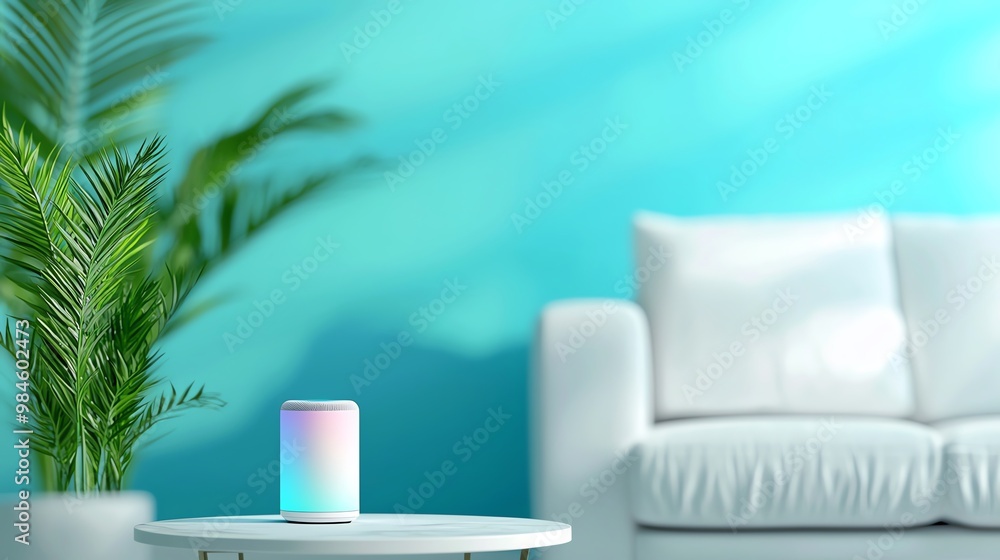 A modern living room featuring a smart speaker on a coffee table, with a cozy sofa and vibrant blue walls. Ideal for tech and home decor. A modern living room featuring a smart speaker on a coffee table, with a cozy sofa and vibrant blue walls. Ideal for tech and home decor.