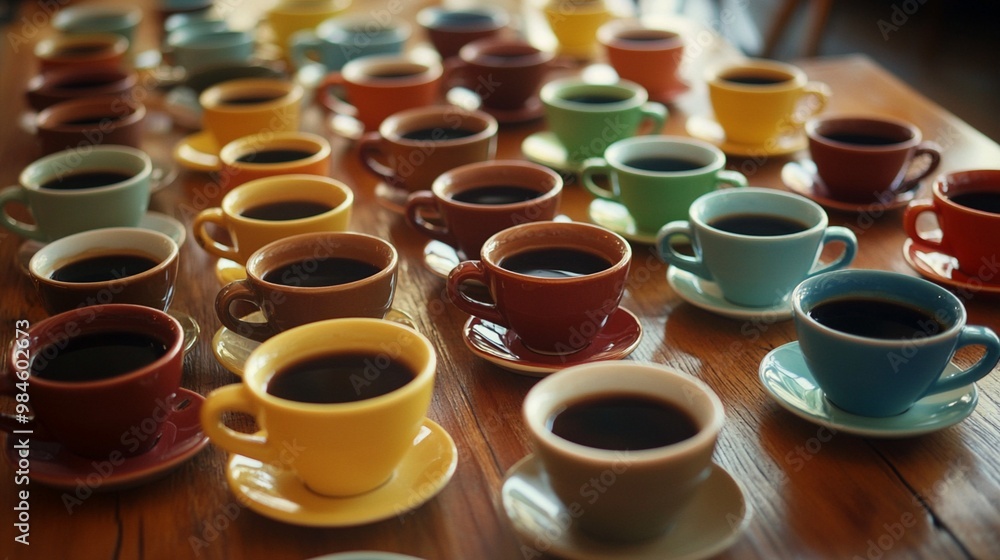 Colorful array of coffee cups on wooden table: vibrant ceramic mugs in various hues filled with fresh, steaming coffee create a visually appealing and inviting scene. Colorful array of coffee cups on wooden table: vibrant ceramic mugs in various hues filled with fresh, steaming coffee create a visually appealing and inviting scene.