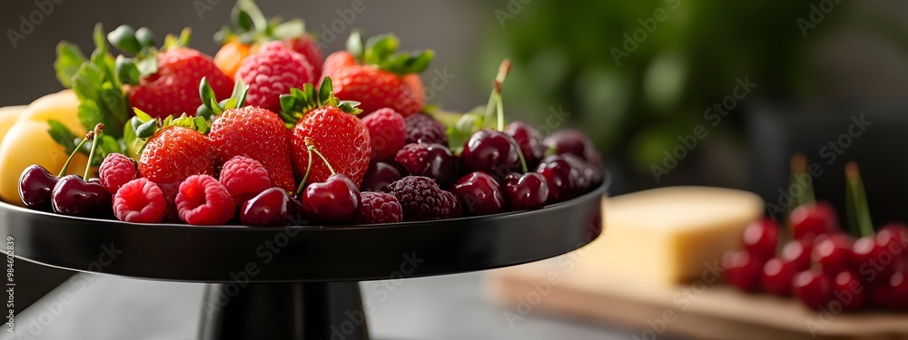 A beautiful fruit platter with strawberries, cherries, and raspberries on an elegant black cake stand, close-up, professional photography, studio lighting A beautiful fruit platter with strawberries, cherries, and raspberries on an elegant black cake stand, close-up, professional photography, studio lighting
