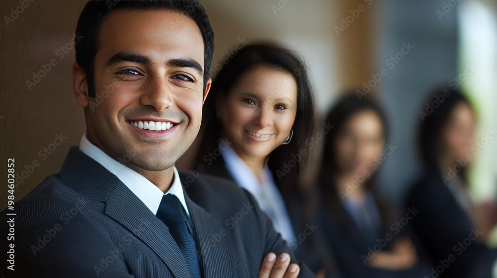 Smiling bizman crosses arms, 3 women talk Smiling bizman crosses arms, 3 women talk