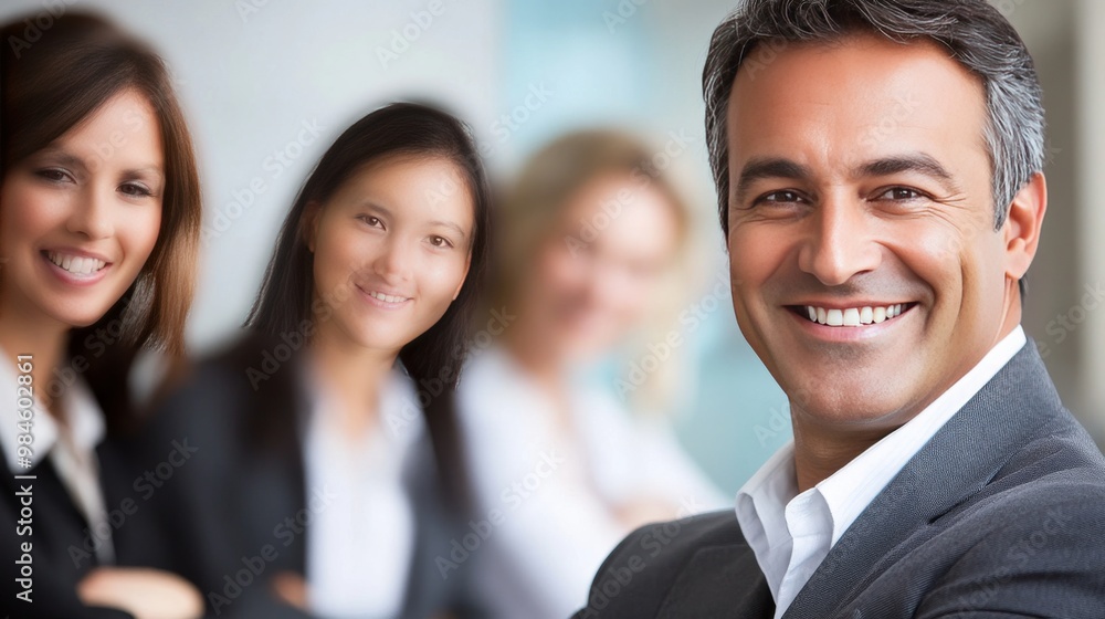 Bizman smiles, arms crossed, women chat Bizman smiles, arms crossed, women chat