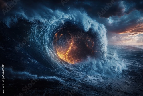 An intense image showing a colossal wave revealing a core of fire within the ocean, set against a dramatic, cloudy sky, symbolizing the clash of water and fire. photo