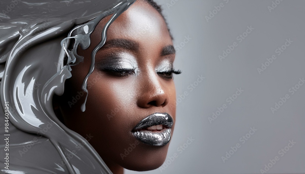 Fashion surreal Concept. Closeup portrait of girl dissolve melting emerging from grey gray molten liquid paint. illuminated with dynamic composition and dramatic lighting. copy text space Fashion surreal Concept. Closeup portrait of girl dissolve melting emerging from grey gray molten liquid paint. illuminated with dynamic composition and dramatic lighting. copy text space