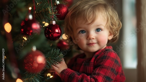 Adorable little boy decorating a Christmas tree with red ornaments and glowing lights.