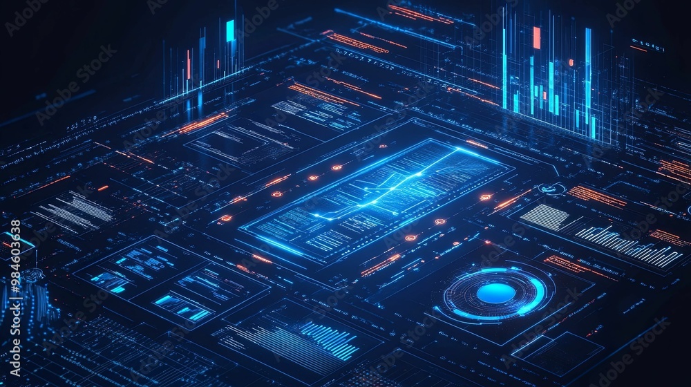 Obraz premium Futuristic Digital Interface with Glowing Blue and Orange Data Visualizations