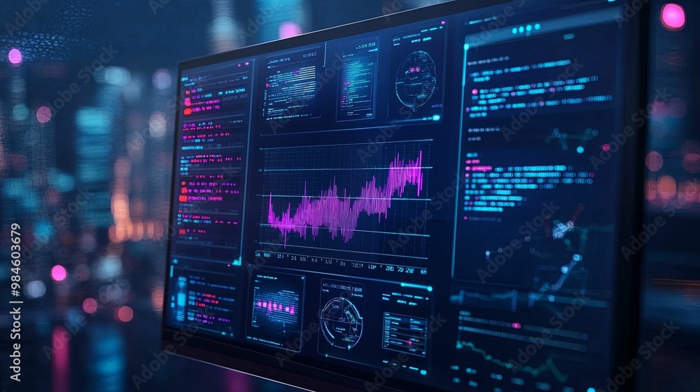 A Computer Monitor Displaying Data and Charts with a Cityscape Background A Computer Monitor Displaying Data and Charts with a Cityscape Background