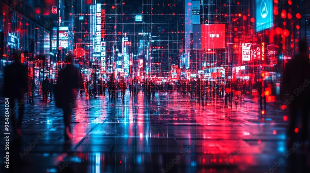 Silhouetted Figures Walking Through a Neon-Lit Cityscape Silhouetted Figures Walking Through a Neon-Lit Cityscape