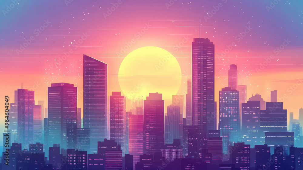 Fototapeta premium Sunset or sunrise Modern city skyscrapers panorama of tall buildings, urban background. Pop art retro vector illustration comic caricature 50s 60s style vintage kitsch