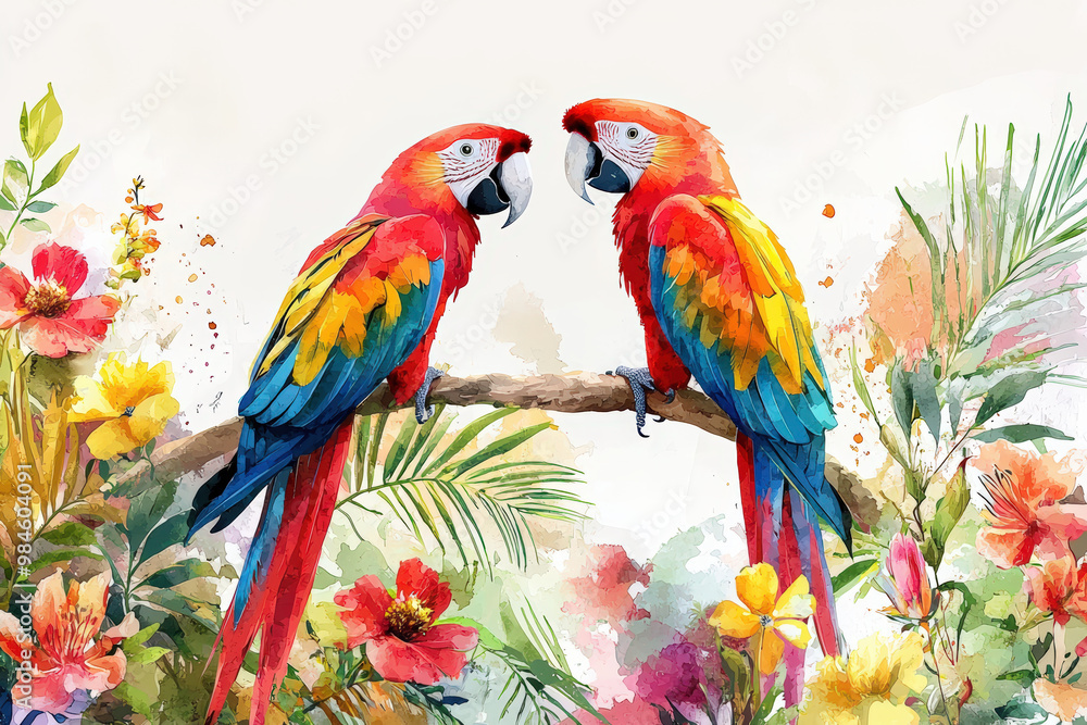 Fototapeta premium Colorful parrots perched on branch amidst vibrant tropical blooms, showcasing beauty of nature. Their vivid feathers and lush garden create lively and cheerful atmosphere