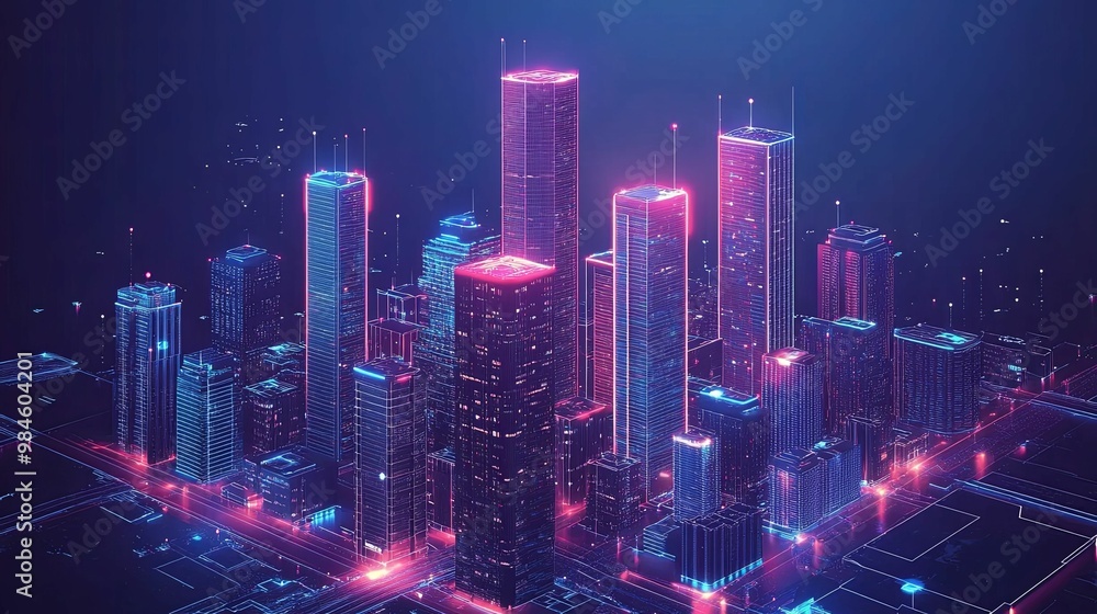 Neon-Lit Cityscape with Glowing Towers and Streetlights Neon-Lit Cityscape with Glowing Towers and Streetlights